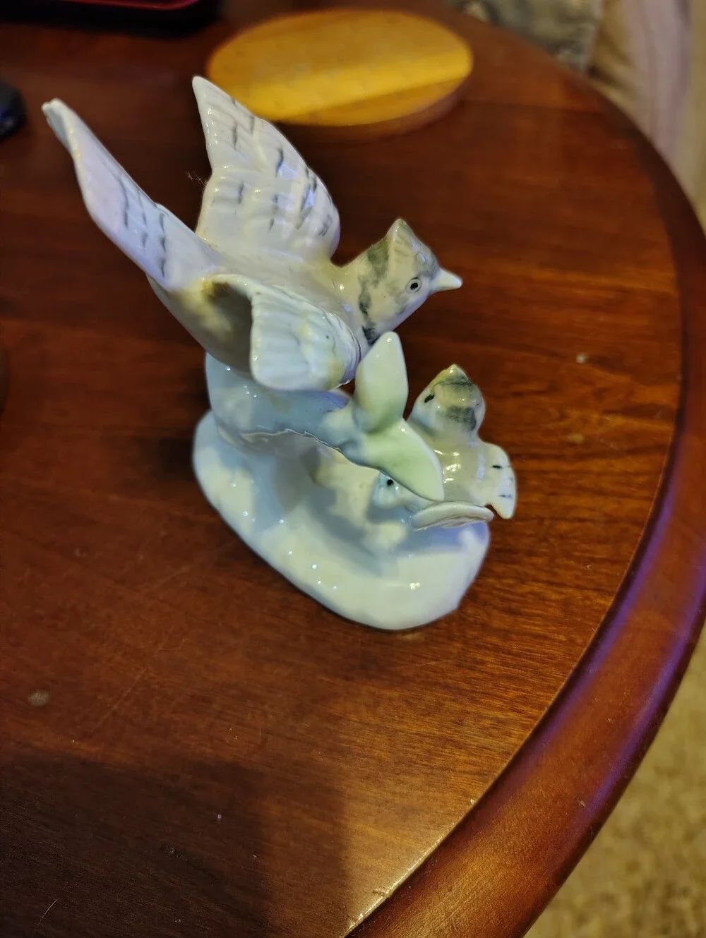 Vintage Japan Blue Jay And Baby Ceramic Bird Figurine in Pale Green -